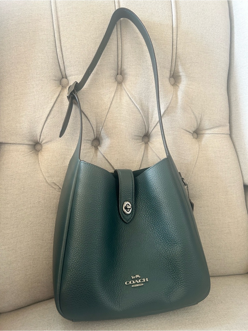 COACH Dark Green Pebbled Leather Shoulder Hobo